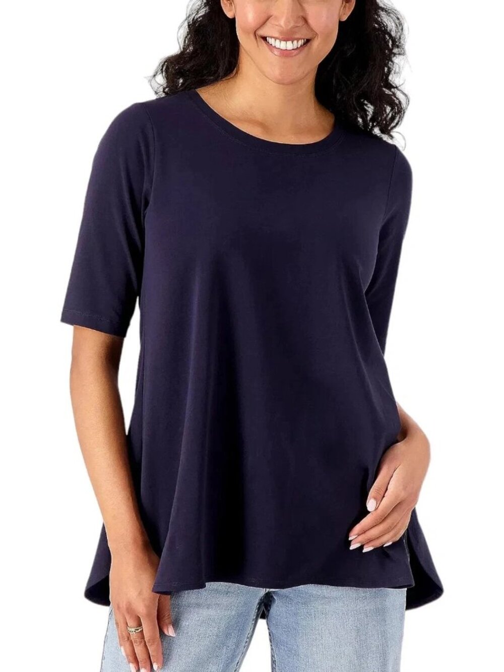 Attitudes by Renee Top XXS Washed Cotton Crew Neck Short Sleeve Navy Blue NEW